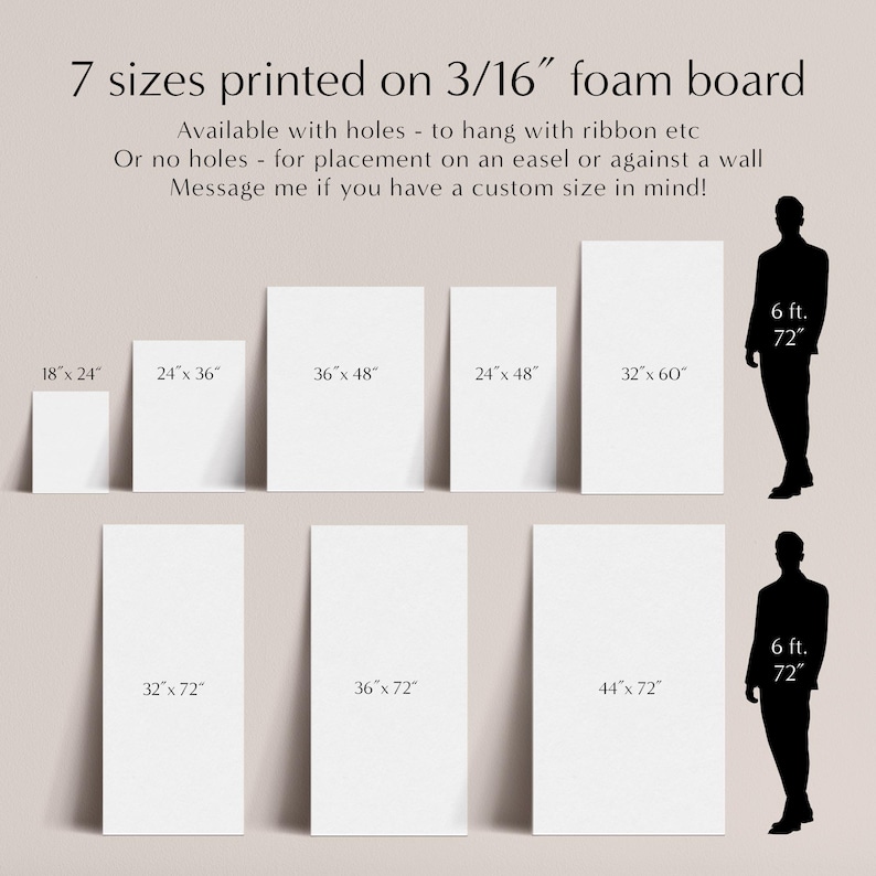 May include: Image showing seven sizes of foam boards, ranging from 18" x 24" to 44" x 72". Text indicates the boards are available with or without holes. A silhouette of a 6 ft, 72" tall person is included for size comparison.
