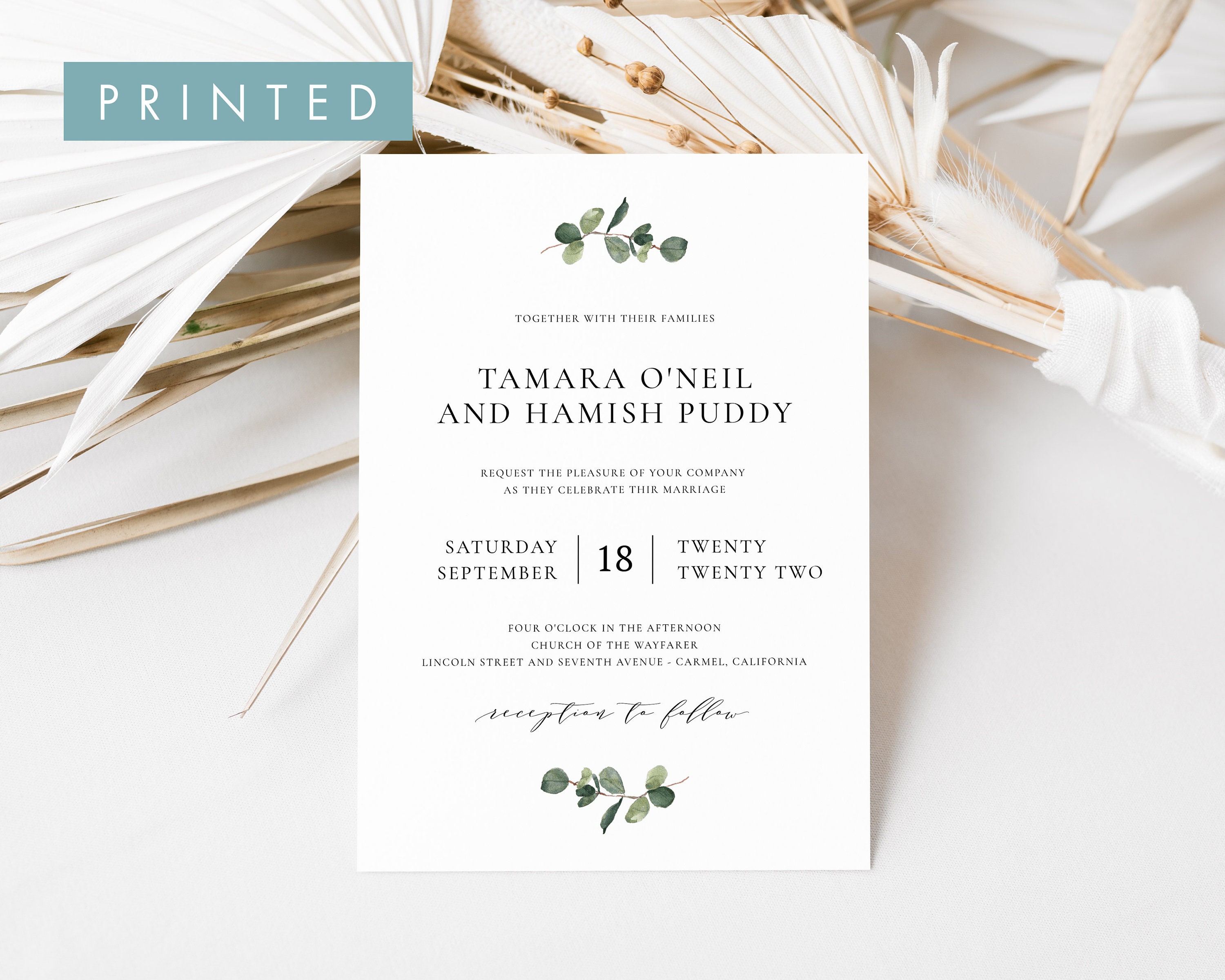 EUCALYPTUS Printed Wedding Invitation Greenery Invite Print and Ship Invitation Rustic Wedding Invitation Classical Invite