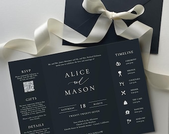 CLASSIC MINIMALIST | Printed Black Gatefold Wedding Invitation, 24 Colors Available, SN105