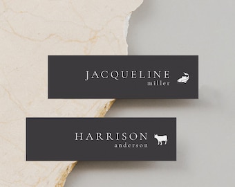 CLASSIC MINIMALIST | Printed Black Slim Place Cards White Ink Printing, Colored Thin Wedding Name Cards, Meal Choice Icons, 3.5 x 1, SN105