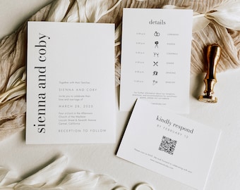 MAD LOVE | Printed Minimalist Wedding Invitation Suite, Bold Modern Wedding Invite Set, Qr Code RSVP & Details with Icons, SN095B