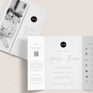 MODERN MONOGRAM |  Printed Gatefold Wedding Invitation, Minimalist Folded Invite, Qr Code Gate Fold, Folded Photo Gatefold Invite, SN009