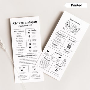 May include: A black and white wedding program with the names Christina and Ryan and the date October 25, 2025. The program includes a timeline of events, a list of the wedding party, and a map showing where guests came from.