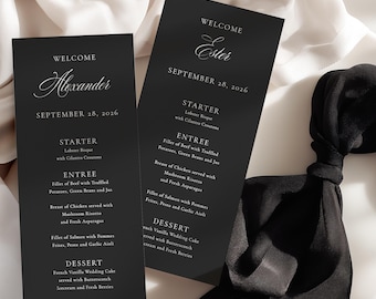 Black Menu with Guest Name, White Ink Printing, 24 Colors available, SN120