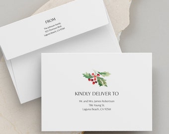 Chic Christmas Holly Printed Envelopes, Contemporary Christmas Card Envelope Addressing, Print and Ship Envelopes, Holiday Card, SN250
