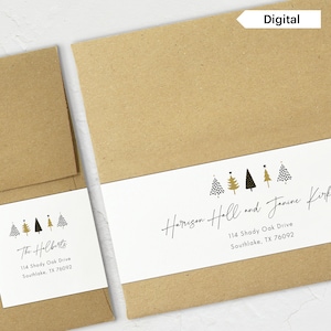 Etichette per indirizzi con albero di Natale dorato e nero, etichette avvolgenti stampabili moderne, etichette per indirizzi per cartoline di Natale stampabili - WA_90