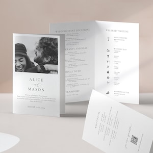 KLASSIEK MINIMALISTISCH | Bruiloft weekend reisplan, afgedrukt fotoschema QR-code, volgorde van service, weekendevenementen, bruiloft evenementenkaart, SN105