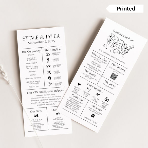 CONTEMPORARY CHIC | Infographic Printed Wedding Ceremony Program, Fun Ceremony Schedule with Icons, Order of Service with Icons, SN250