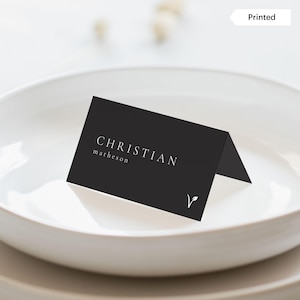 MINIMALISTE CLASSIQUE |  Marque-places noirs chics avec impression à l'encre blanche, cartes de mariage simples, icônes choix de repas, sélection de plats pour invités, SN105M