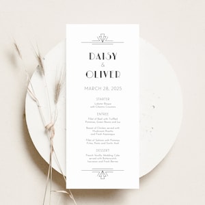 GATSBY | Gedrucktes Hochzeitsmenü, Menü drucken und versenden, Art Deco 4 x 9 Menü, Hochzeitsempfangsmenü, gedrucktes Hochzeitsbriefpapier, SN200