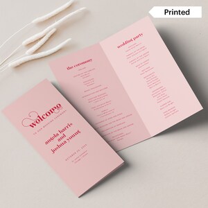 AMORE / Programa de ceremonia de plegado largo de boda rojo rosa impreso, impresión retro y envío programa plegado 4 x 9, horario, orden de servicio, SN020