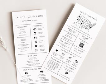 CLASSIC MINIMALIST | Infographic Printed Wedding Ceremony Program, Fun Ceremony Schedule with Icons, Order of Service with Icons, SN105