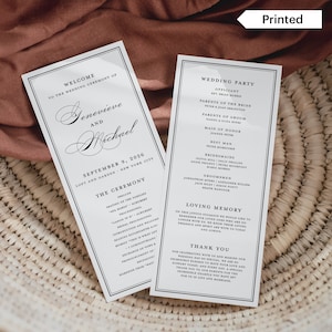 May include: A wedding ceremony programme with black and white text on a white background. The programme includes the names of the bride and groom, Genevieve and Michael, the date and location of the ceremony, and a list of the wedding party members. The programme also includes a section for loving memory and a thank you message.