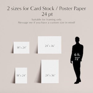 May include: Image showing two sizes of card stock or poster paper: 18 x 24 inches and 24 x 36 inches. Text on the image says "2 sizes for Card Stock / Poster Paper" and "Suitable for framing only". A silhouette of a person is included, with a height of 6 ft. / 72 inches.