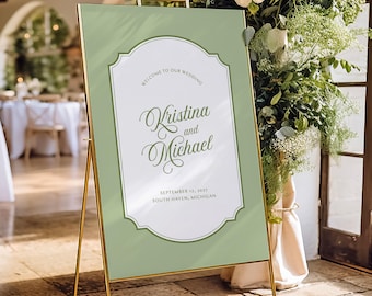 MONTE CARLO | Printed Vintage Wedding Welcome Sign, Customized Wedding Signage, Burgundy, Green Guest Greeting Poster, SN700