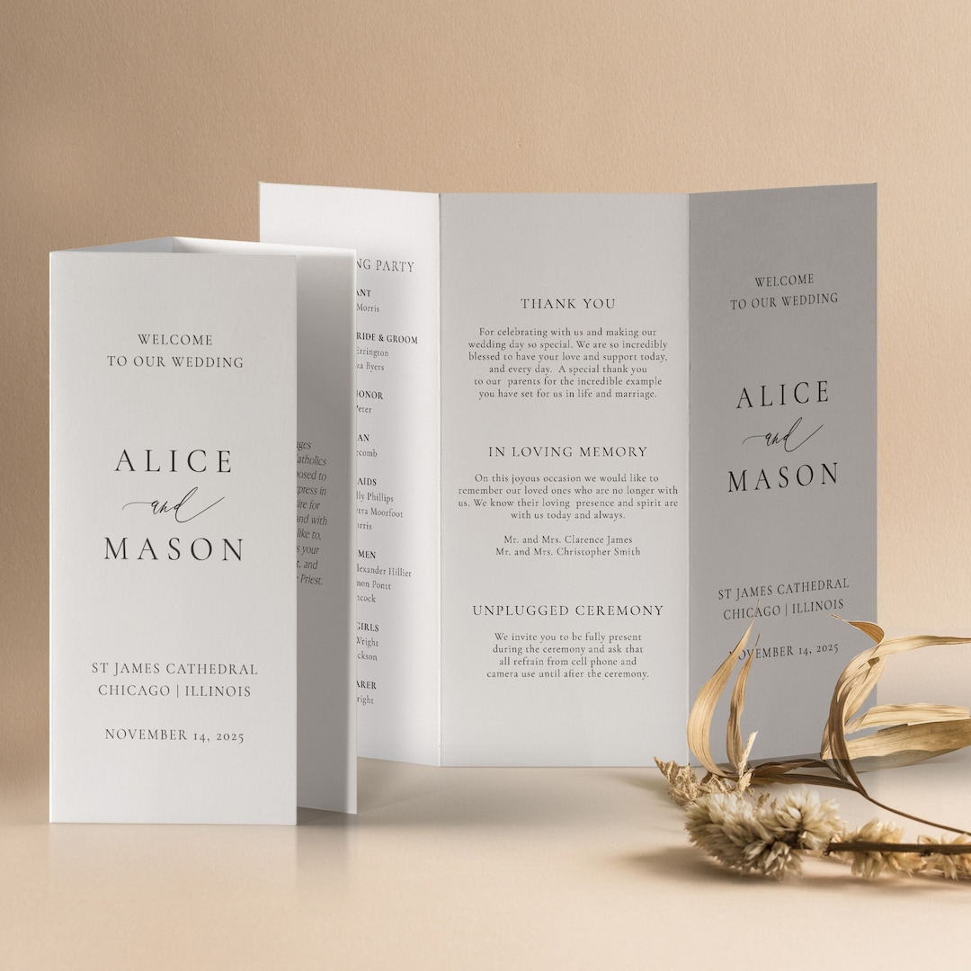 CLASSIC MINIMALIST | Printed Tri-fold Wedding Program, Modern Folded ...