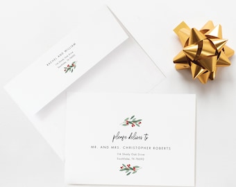 Modern Christmas Printed Envelopes, Minimalist Holly Xmas Envelope Addressing, Print and Ship Envelopes, Holiday Card Envelopes, SN045