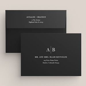 MODERN INITIALS | White Ink Printed Envelopes, Minimalist White Text Addressing, Recipient Envelopes, Epic Black, Choice of 7 Colors, SN015M