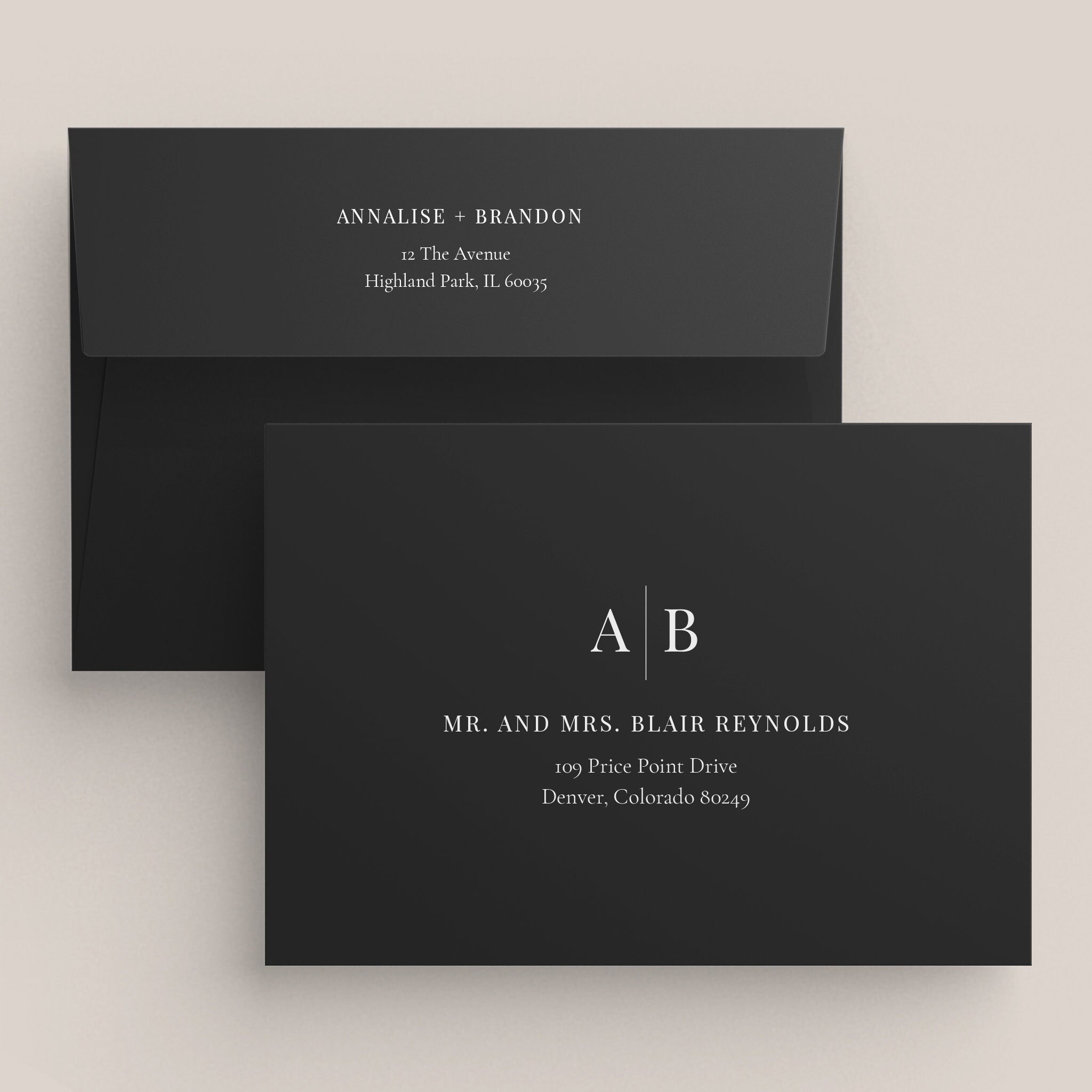 MODERN INITIALS | White Ink Printed Envelopes, Minimalist White Text Addressing, Recipient Envelopes, Epic Black, Choice of 7 Colors, SN015M