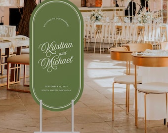 MONTE CARLO | Printed Oval Wedding Welcome Sign, Moss Green, Burgundy, Blue  Wedding Signage, Pill Shaped Foam board Sign, SN700