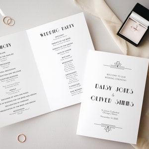 May include: Wedding ceremony program with black text on white paper. The program includes the names of the wedding party, the officiant, and the order of the ceremony. The program also includes the names of the bride and groom, Daisy Jones and Oliver Simms, and the date and location of the wedding. The program is decorated with a simple geometric design.