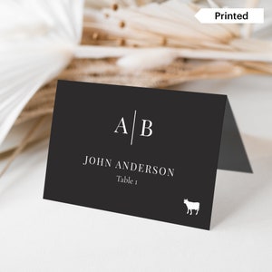 INITIALES MODERNES |  Marque-places monogramme noir avec impression à l'encre blanche, cartes de mariage avec icônes choix de repas, sélection de mets invités, SN015M