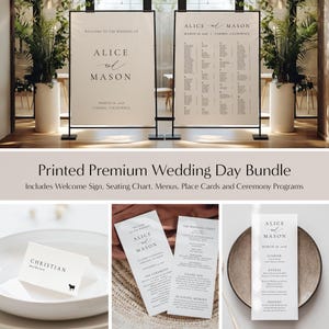 Pacchetto completo PREMIUM per il giorno delle nozze / Stampa di 2 cartelli, programmi, menu, segnaposto, personalizzati e stampati con il design da te scelto.
