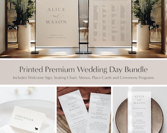 PREMIUM Complete Wedding Day Bundle | Printed 2 Signs, Programs, Menus, Place Cards, Customized and Printed in your chosen design.