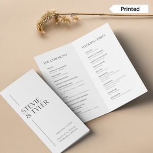 May include: A wedding ceremony program with a black and white minimalist design. The program lists the order of events for the wedding ceremony of Stevie and Tyler, taking place on September 9, 2025 at the Church of St. Thomas in Montecito, California. The program also lists the names of the wedding party members.