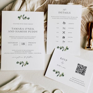 EUCALYPTUS | Printed QR Code Eucalyptus Wedding Invitation Suite, Greenery Set with Invite, QR Code rsvp & Details Card with Icons, SN014F