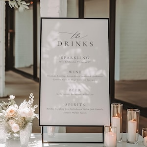 CLASSIC MINIMALIST | Printed Bar Menu Sign, Wine List and Drinks Customized and Shipped Wedding Signage, Elegant Sign for Easel, SN105