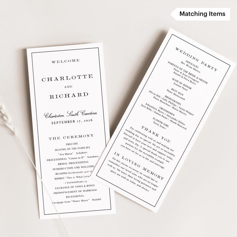 May include: Two white wedding programs with black text. The left program reads "Welcome Charlotte and Richard" with the wedding date and location. The right program lists the wedding party and a thank you message.