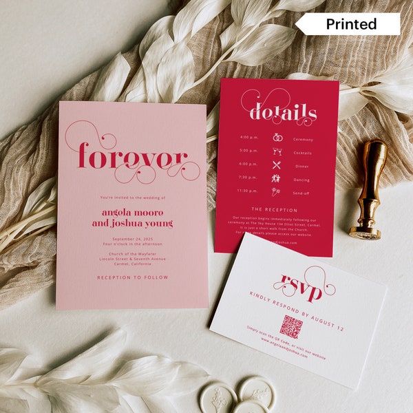 AMORE | Pink and Red Modern Retro Wedding Invitation Suite, Glamorous and Colorful Invite Set, QR Code RSVP & Details with Icons, SN020