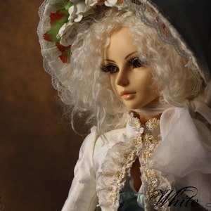 Vit ros ~ OOAK korsett, kjoljacka och hatt för SD/Luts BJD-dockor
