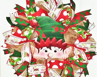 Elf Wreath, Elf decor, Christmas Elf, bright Christmas wreath, Whimsical wreath, Holiday decor, Christmas door decor, Elf door hanger
