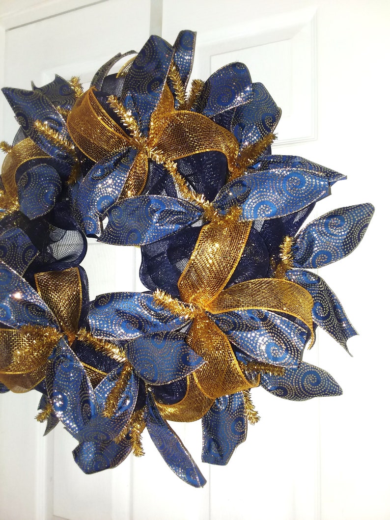 Blue and gold Winter wreath Navy blue Christmas wreath Etsy