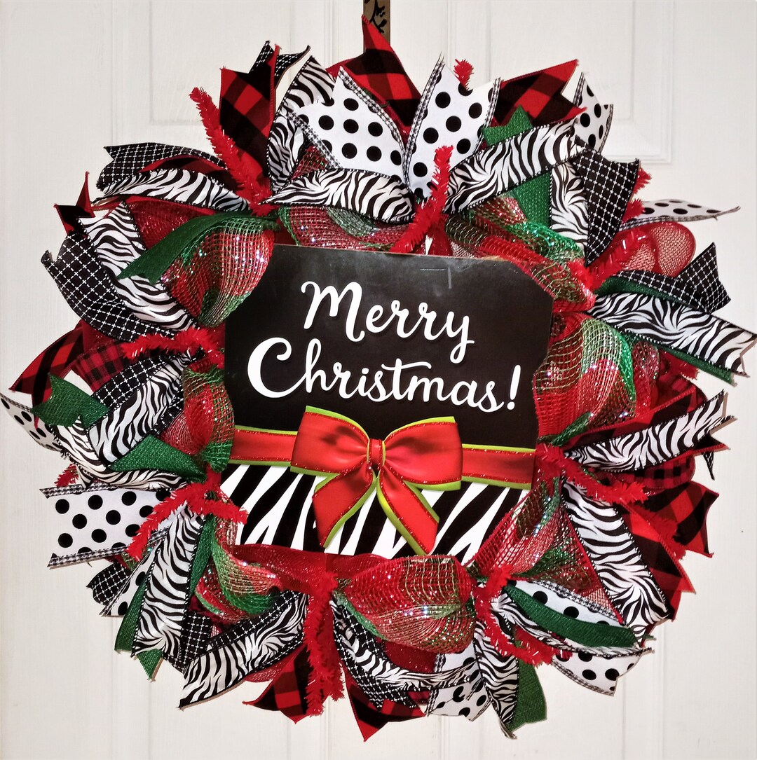 Zebra Christmas Wreath Merry Christmas Wreath Zebra Holiday Etsy