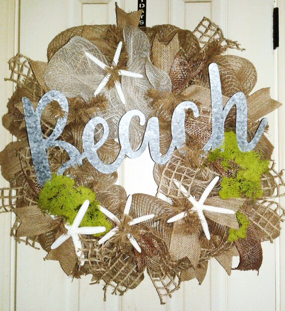Beach Door Wreath Burlap Beach Wreath Coastal Door Hanger Rustic Beach Wreath Starfish Wreath Beach Door Hanger Fall Beach Wreath