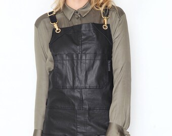 Cross-Back Apron - Coated Black Denim - Gold Metal - Split-Leg - Black Leather
