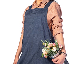 Cross Back Apron - Pinafore Dress, 3 Pockets, Loop - Baking Cooking, Gardening, School