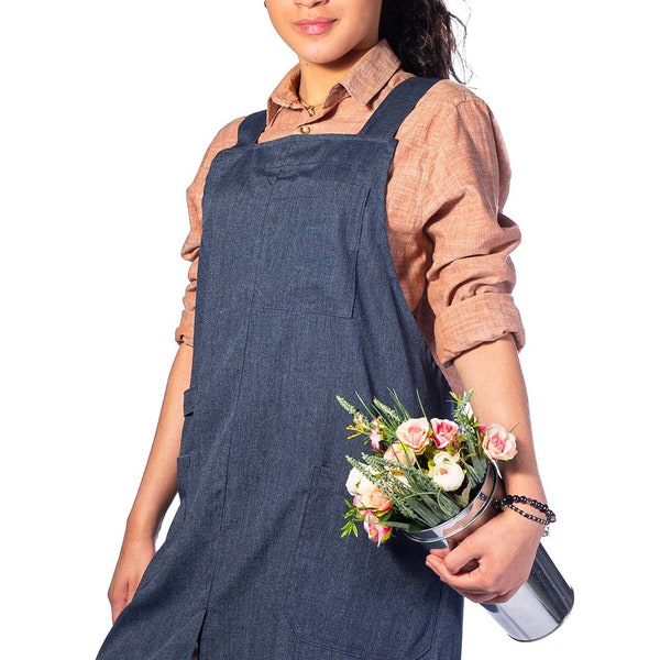 Cross Back Apron - Pinafore Dress, 3 Pockets, Loop - Baking Cooking, Gardening, School