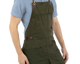 Lederriemen Schürze - grün oder schwarz Köper - oder Beige Denim - No-Tie, Split - Koch, Tattoo, Bartender, Barber, Shop, Barista
