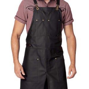 Delantal de piel auténtica - Cuerpo, bolsillos y tirantes cruzados en la espalda de piel negra o marrón - Pierna dividida, remachado, forrado