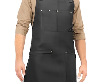 Leather Apron - Cross-back Straps, Riveted Reinforced - PU Leather - For Barbers - Black or Brown