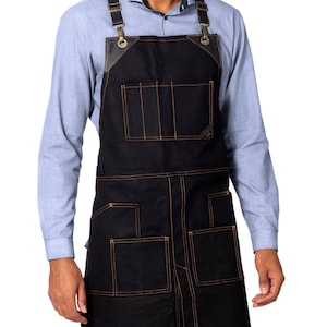 Leather Straps Apron -  Green, Black or Gray Waxed Canvas, Cross-Back, Tool Pockets, Leather Trim, Split – Woodworker, Shop, Bartender