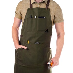Work Apron - Green, Black, Brown or Gray Waxed Canvas, Leather Trim, Cross-Back, HeavyDuty, Chef, Woodwork, BBQ, Shop