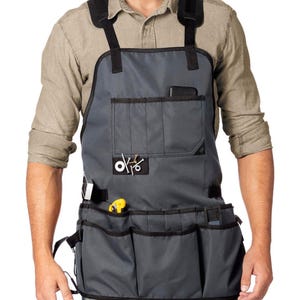 Schort voor uitrustingsstuk met gekruiste achterkant - magnetische gereedschapshouder - zwaar uitgevoerd grijs of zwart nylon - 18 zakken - waterdicht