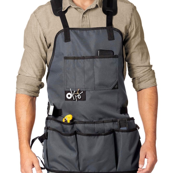 Cross-Back Work Tool Apron - Magnetic Tool Holder - Heavy Duty Gray or Black Nylon - 18 Pockets - Waterproof