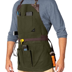 Tool Apron - Green, Brown, Gray or Black Waxed Canvas, Leather Trim, 12 Pockets, Heavy-Duty, NoTie, Woodwork, Garden, Shop