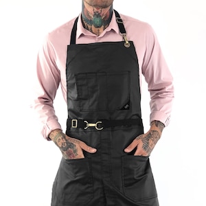 Coated Apron - Black / Brown Fabric - Vintage / Chrome / Gold Metal, Leather Trim, No-Tie, Water Resistant, Hairstylist, Barber, Bartender